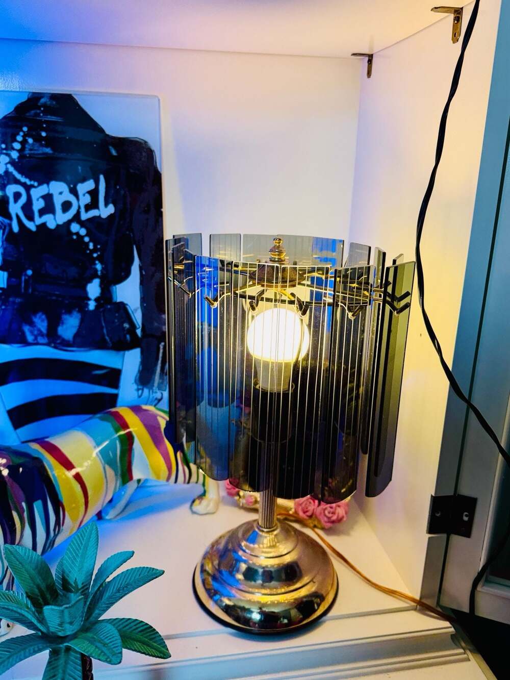 Vintage Mid-Century Brass Table Lamp with Smoked Glass Paneled Shade